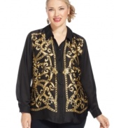 Land the look of luxury for less with Elementz' long sleeve plus size blouse, flaunting a status print.