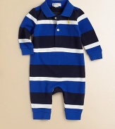 Classic stripes and Ralph Lauren's signature pony lend a preppy aesthetic to a soft cotton coverall.Polo collarLong sleevesButton-frontBottom snapsCottonMachine washImported Please note: Number of buttons/snaps may vary depending on size ordered. 