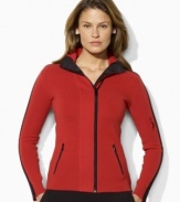 Both stylish and sporty, Lauren by Ralph Lauren's sleek full-zip cardigan is crafted from luxe combed cotton with bold color-blocking for an athletic touch.