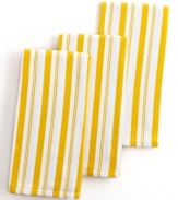 Line up. Increase the charm in your kitchen with these versatile, statement-making striped towels. Made from a super absorbent textured basketweave cotton in a bubbly yellow hue, these towels are a fun addition to a busy space.