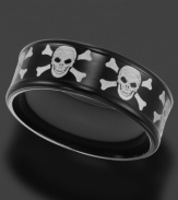 Drop-dead gorgeous. This skull and crossbones ring by Triton is crafted in stainless steel and black PVD. Features a perfectly rounded inside for a comfortable fit. Approximate band width: 8 mm. Sizes 8-15.