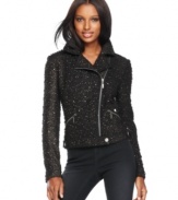 INC combines ladylike tweed with an edgy moto-inspired silhouette for a unique petite jacket that's sure to turn heads. Sequin-flecked boucle fabric adds shine and touchable texture. (Clearance)