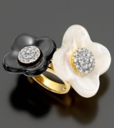 Beautiful and bold flowers adorn this gorgeous ring featuring mother of peal, white topaz (5/8 ct. t.w.) and onyx set in 14k gold over sterling silver. Size 7.