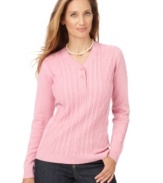 A classic henley shirt gets texturized with cable knit in this Karen Scott sweater. Pair it with dark jeans for a traditional look!