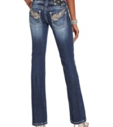 Wing embroidery and rhinestones add eye-catching appeal to these Miss Me bootcut jeans -- perfect for daytime glam!