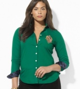 Lauren Ralph Lauren's soft cotton broadcloth shirt is accented with rich heritage details, finished with tie-striped silk at the collar and an embroidered crest at the chest.