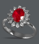 Regally stunning. This Royalty Inspired by Effy Collection ring shines with an oval-cut ruby center (1-1/2 ct. t.w.) surrounded by a sunburst of round-cut diamonds (1/2 ct. t.w). Set in 14k white gold.