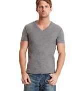 V-neck slub jersey tee shirt with small snap pocket at neckline.