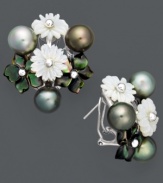 Stunning in springtime. Cultured Tahitian pearls (7-8 mm), cultured freshwater Mother of Pearl (10 mm, white) (12 mm, black), and a polished sterling silver setting create a look inspired by romantic bouquets. Approximate diameter: 1 inch.