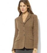 Channel classic equestrian styling with Lauren Ralph Lauren's classic wool tweed jacket, rendered in a three-button silhouette with flattering shaping seams.