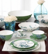 As delicate and enchanting as a peacocks plume this whimsical set is awash in rich blues and bold greens that contrast beautifully with bone white china. Stunning embellishments of flowers and branches give this pattern a truly unique and eye-catching appeal.