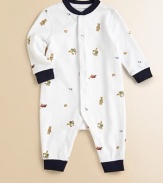 An adorable cotton coverall features an allover print of bears playing rugby for a preppy and sporty look.CrewneckLong sleevesFront snapsConcealed bottom snaps for easy on and offCottonMachine washImported Please note: Number of snaps may vary depending on size ordered. 