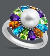 A burst of vibrant color adorns this polished sterling silver ring. Pear-cut blue topaz (3/4 ct. t.w.), citrine (5/8 ct. t.w.), amethyst (5/8 ct. t.w.) and peridot (5/8 ct. t.w.) surround a cultured freshwater pearl (8mm) for a whimsical flower effect. Size 7.