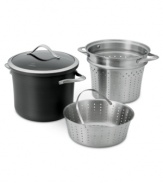 From pasta to veggies to slow-simmered stews, the Calphalon Contemporary nonstick multi-pot delivers versatility in the kitchen. Made of hard-anodized aluminum, the main stock pot is perfect for use on its own, but does even more when paired with one of the stainless steel inserts. Lifetime warranty.