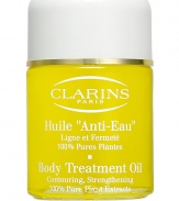 Anti-Eau Body Treatment Oil. Combat visible sponginess with this ultra-concentrated treatment oil. Formulated with 100% natural aromatic plant extracts specially selected for their ability to help minimize skin's 'spongy' appearance. Helps firm and tone cellulite-prone areas, leaving skin softer and more supple. Aromatherapeutic properties work to promote overall well-being, energizing and refreshing your body for a lighter feeling. Imported from France. 3.4 oz. 