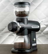 Freshness for the true coffee connoisseur. This classic-style grinder provides optimal aroma and flavor for your coffee, grinding beans to your preferred fineness level with precision stainless steel burrs. Model KPCG100OB.