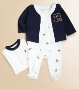 An adorable coordinating set, highlighted by a signature rugby bear print, features a preppy cardigan, tank coverall and Henley bodysuit. Cardigan V-neckLong sleevesButton frontPatch pockets Coverall CrewneckLong sleevesShoulder snapsBottom snaps Bodysuit Ribbed crewneckButton frontRing-snap closureCottonMachine washImported Please note: Number of buttons/snaps may vary depending on size ordered. 