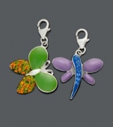 Capture the essence of nature with these sparkling winged creatures. Set includes a green butterfly, and a purple and blue dragonfly. Charms set in sterling silver with crystal accents. Lobster claw clasp. Approximate drop: 1/2 inch.