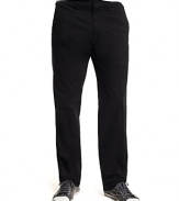 Flat front, straight leg pants in a soft stretch twill. Front side pockets and back welt pockets. Zip fly, tab closure.