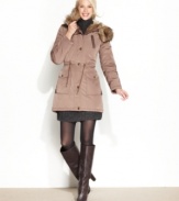 Bundle up in this chic hooded parka from Laundry. Faux-fur lining and trim keeps you snug as you brave the elements.