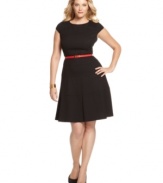 Jones New York's black dress is anything but ordinary-the coordinating red belt accentuates the classic-chic A-line silhouette.