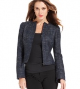 T Tahari puts a modern twist on tweed with this cropped, collarless jacket, adorned with flecks of metallic in the weave.