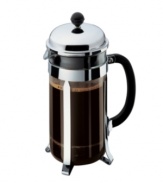 All in good taste. Bodum's coffee press is recognized worldwide as one the best ways to brew coffee. Imagine a cup, made to your liking in just 4 minutes!  Expertly crafted with a stainless steel filter system, heat-resistant borosilicate glass beaker and stay cool handle and knob. Makes 8 cups. Two-year limited warranty.