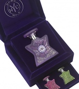 Stashed securely in the top drawer of a bi-level jewel box is a 1.7 oz. Swarovski gem-encrusted bottle of the Scent of Peace, its dove and curlicue design delicately traced with Swarovski stones. Down below are two miniature flacons both containing the Scent of Peace, covered all over in purple velvet and amethyst Swarovski gems. Made in USA. 