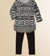 A layered-look knit goes wild in contrasting prints and stripes, coupled with a pair of matching leggings for a cool ensemble.ScoopneckLong sleevesPull-over styleLayered-look, round hemElastic waistband92% rayon/8% linenMachine washImported