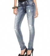 Allover distressed details add an edge to these Rock Revival skinny jeans -- embellished back pockets add eye-catching appeal!