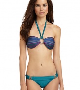 THE LOOKAllover stripe printPadded cupsSilvertone circle ring at center bustTie closures in backTHE MATERIAL85% nylon/15% spandexFully linedCARE & ORIGINHand washImportedPlease note: Bikini bottom sold separately. 