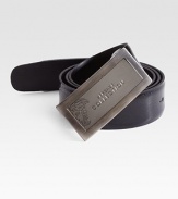 Stamped Italian leather with signature logo buckle.Patent leatherAbout 1 wideMade in Italy