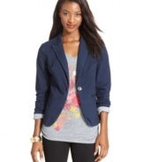 Style&co. Jeans' single-button blazer offers both a sleek silhouette and casual appeal with its denim look.