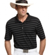 Master those eighteen holes in first class style with this striped performance polo from Greg Norman for Tasso Elba.