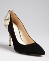 These Enzo Angiolini pointed toe pumps are all-work from the front, with playful backs in snakeskin-embossed leather.