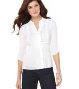 NY Collections gives this petite shirt a completely feminine makeover, adding ruffles, pleated details and a smocked waistband for a flattering fit.