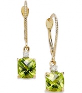 An elegant accent piece in your favorite hue. These stunning long drop earrings feature square-cut peridot (2-1/5 ct. t.w.) and round-cut diamond accents. Set in 14k gold. Approximate drop: 2 inches.