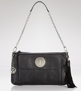 DKNY's chain-trimmed leather shoulder bag is an urban girl's essential. Whether doing dinner, drinks or something decadent, this black leather bag is designed to adapt without blending in.