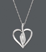 Open your heart and let love in. This sleek open-heart pendant by Wrapped in Love(tm) features a unique central design covered in round-cut and baguette-cut diamond (1/4 ct. t.w.). Necklace crafted in sterling silver. Approximate length: 18 inches. Approximate drop: 5/8 inch.