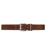 Classic suede belt is styled in England with a brushed metal double-prong roller buckle for rugged flair.