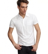 Lightweight short sleeve slub jersey polo shirt with snap pocket at chest.