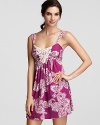 A vibrant paisley print chemise with ornate floral crochet detail along neckline, a bohemian bedtime look from In Bloom.