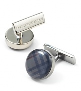 Round beat check cufflinks with brass clasp closure. Signature stamped at back.