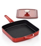 Cast iron changes everything! This classic kitchen fave heats up quickly & evenly for flavorful results and a truly seasoned approach to cooking. In a striking hue, this professional pan offers the perfect space for grilling and frying, plus with the included press, it turns your space into sandwich central. Lifetime warranty.