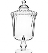 Entertain with the best of them: Godinger's Gatherings beverage dispenser. Fluted crystal with a dramatic lid and footed base makes an elegant impression on holiday party or dinner guests.