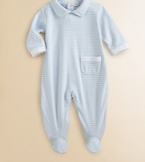 This precious one-piece is crafted in plush pima cotton and adorned with ruffles and stripes for sweet baby style.Peter Pan collarLong sleeves with ruffle cuffsPatch pocketBack snapsBottom snapsPima cottonMachine washImported Please note: Number of snaps may vary depending on size ordered. 