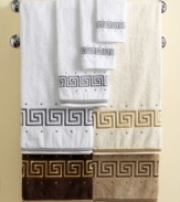 Strong design and durable Egyptian cotton ensure this Athena hand towel has a serious impact on your bath. Traditional Greek key patterns embroidered in metallic hues match braided trim, adding a luxurious touch to neutral colorways.