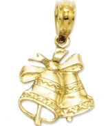 Ding dong, Christmas is here! Wear these bells to salute the season. Double bell and ribbon charm is crafted in 14k gold. Chain not included. Approximate length: 3/5 inch. Approximate width: 2/5 inch.