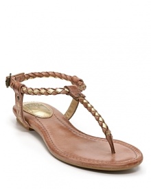 Metallic, braided leather adds a shimmering sheen to a versatile, everyday sandal from Frye.