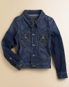 Authentic Western styled jean jacket, updated with contrast stitching and vintage nickel-finished rivets. Shirt collarLong sleevesButton frontFlap pocketsSlash pocketsAdjustable waistCottonMachine washImported of American fabric Please note: Number of buttons may vary depending on size ordered. 